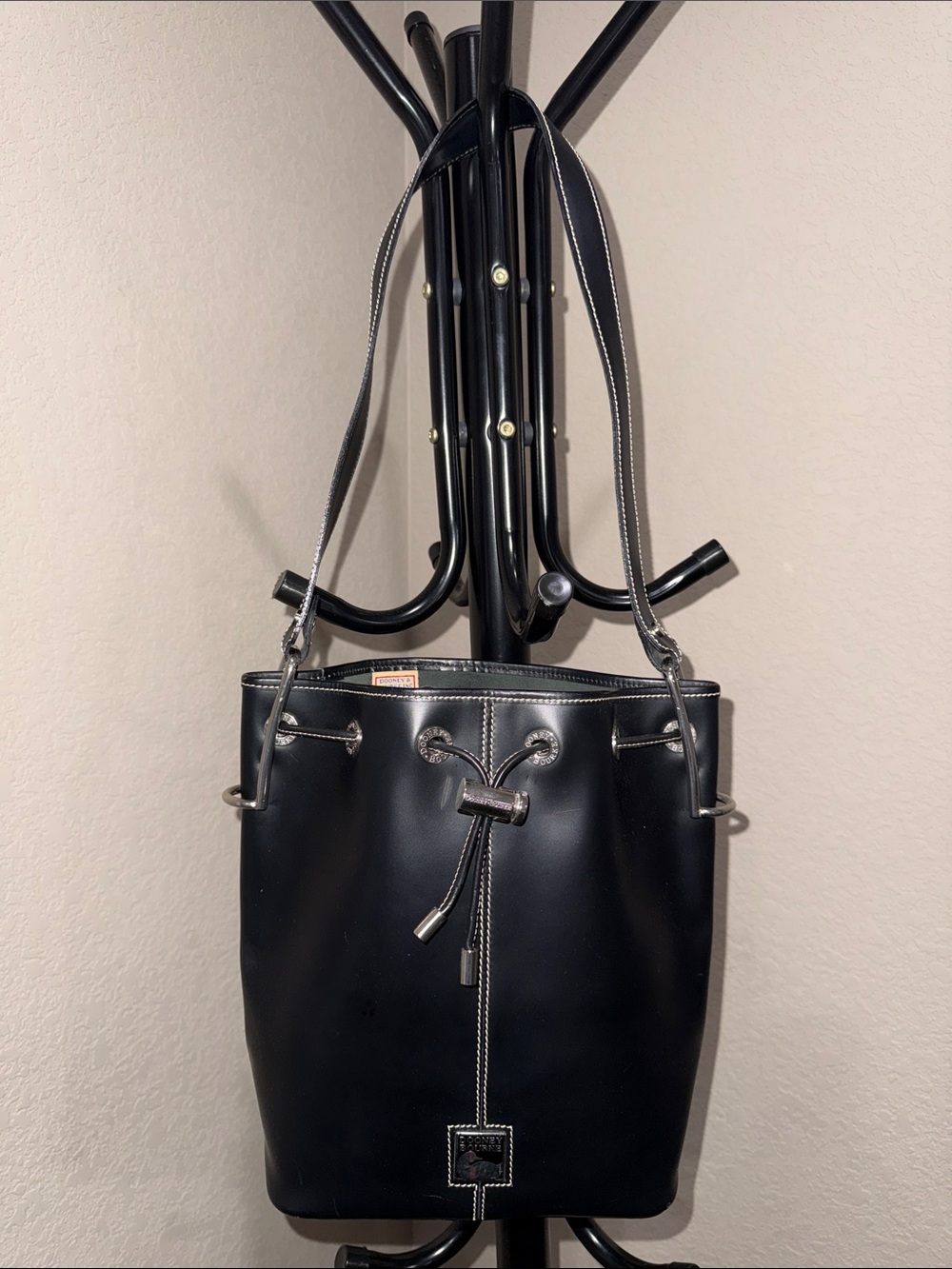 Dooney & Bourke Black Leather Drawstring Bucket Shoulder Bag
